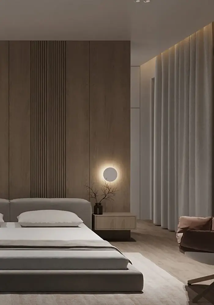 Obrazek przedstawia wnętrze luksusowej sypialni w minimalistycznym stylu. Tworzymy ekskluzywne projekty wnętrz.